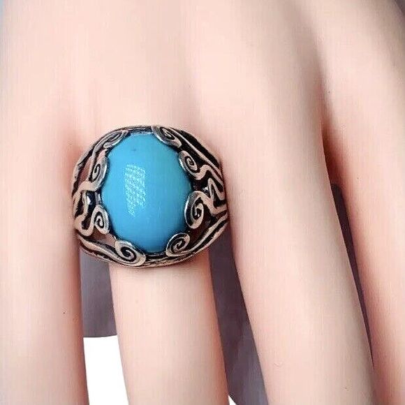 Blue Turquoise 925 Sterling Silver Ring Size 10 Firoza Israel Cabochon - Picture 2 of 16